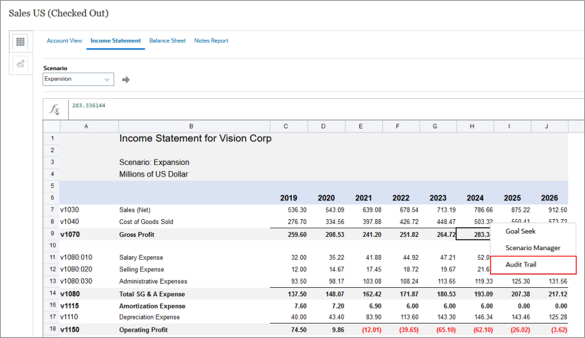 Menu contextuel avec piste d'audit